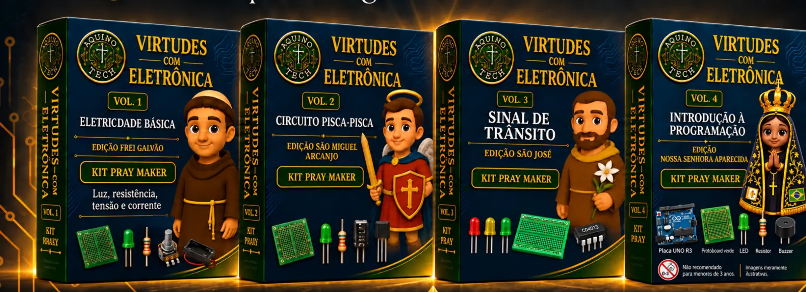 Os quatro volumes da Coleção Virtudes com Eletrônica: Eletricidade Básica, Circuito Pisca-Pisca, Sinal de Trânsito e Introdução à Programação