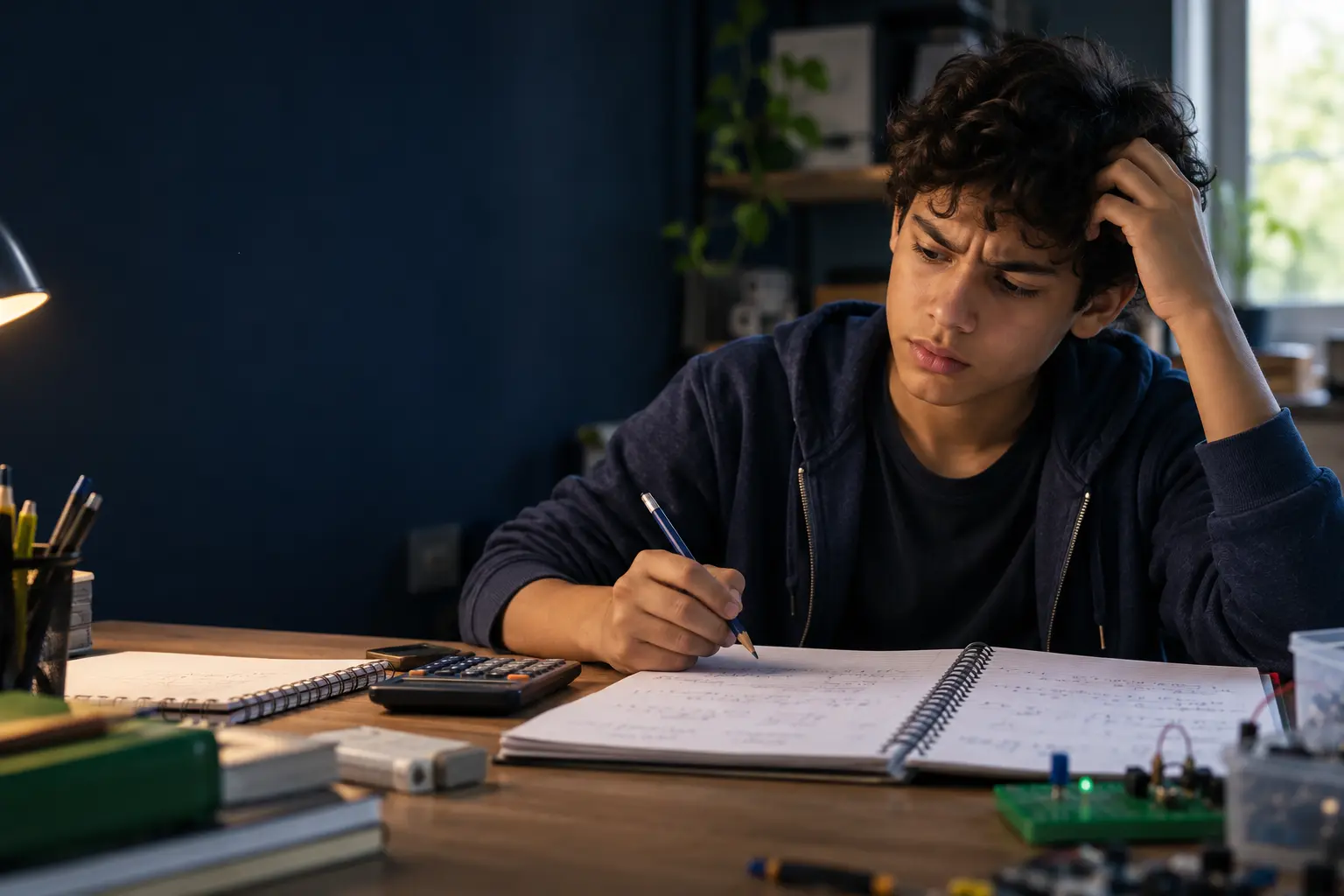 Jovem concentrado, mas com dificuldade para resolver exercícios de matemática