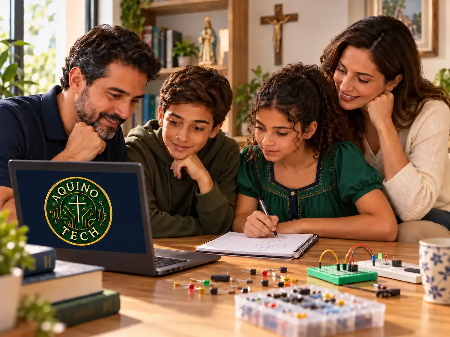 Família observando a tela do notebook com a logo da Oficina AquinoTech