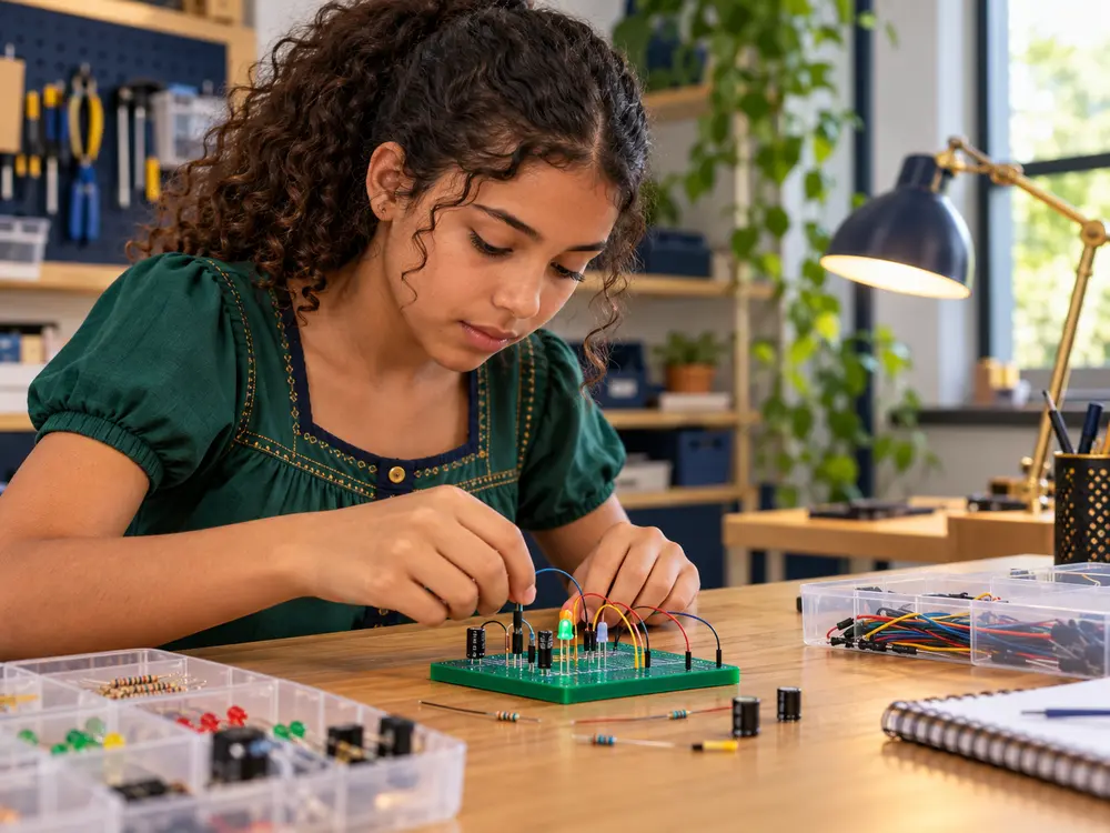 Jovem concentrada montando um circuito eletrônico