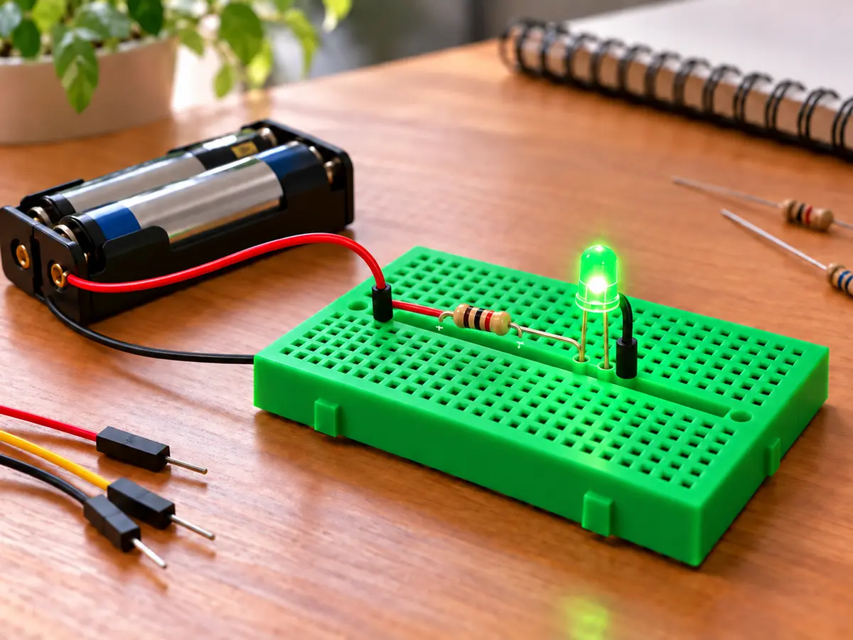 Circuito em série com pilhas, resistor e LED verde aceso montado em uma protoboard verde