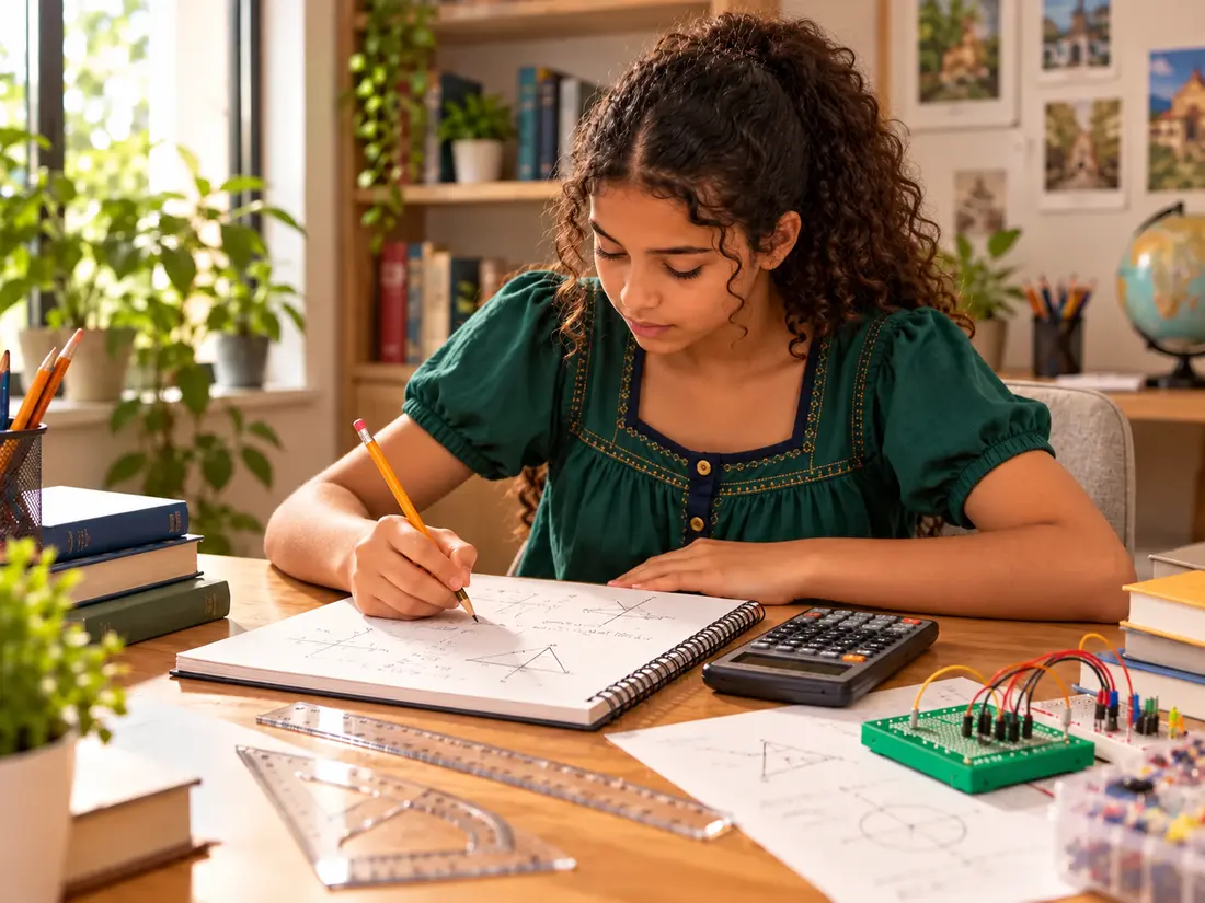 Jovem concentrada resolvendo exercícios de matemática