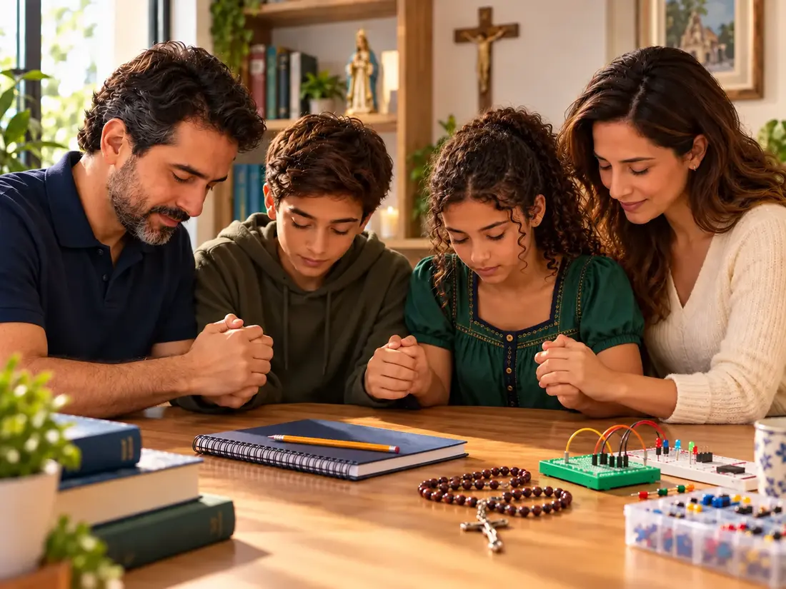 Pai, mãe, filho e filha orando antes dos estudos
